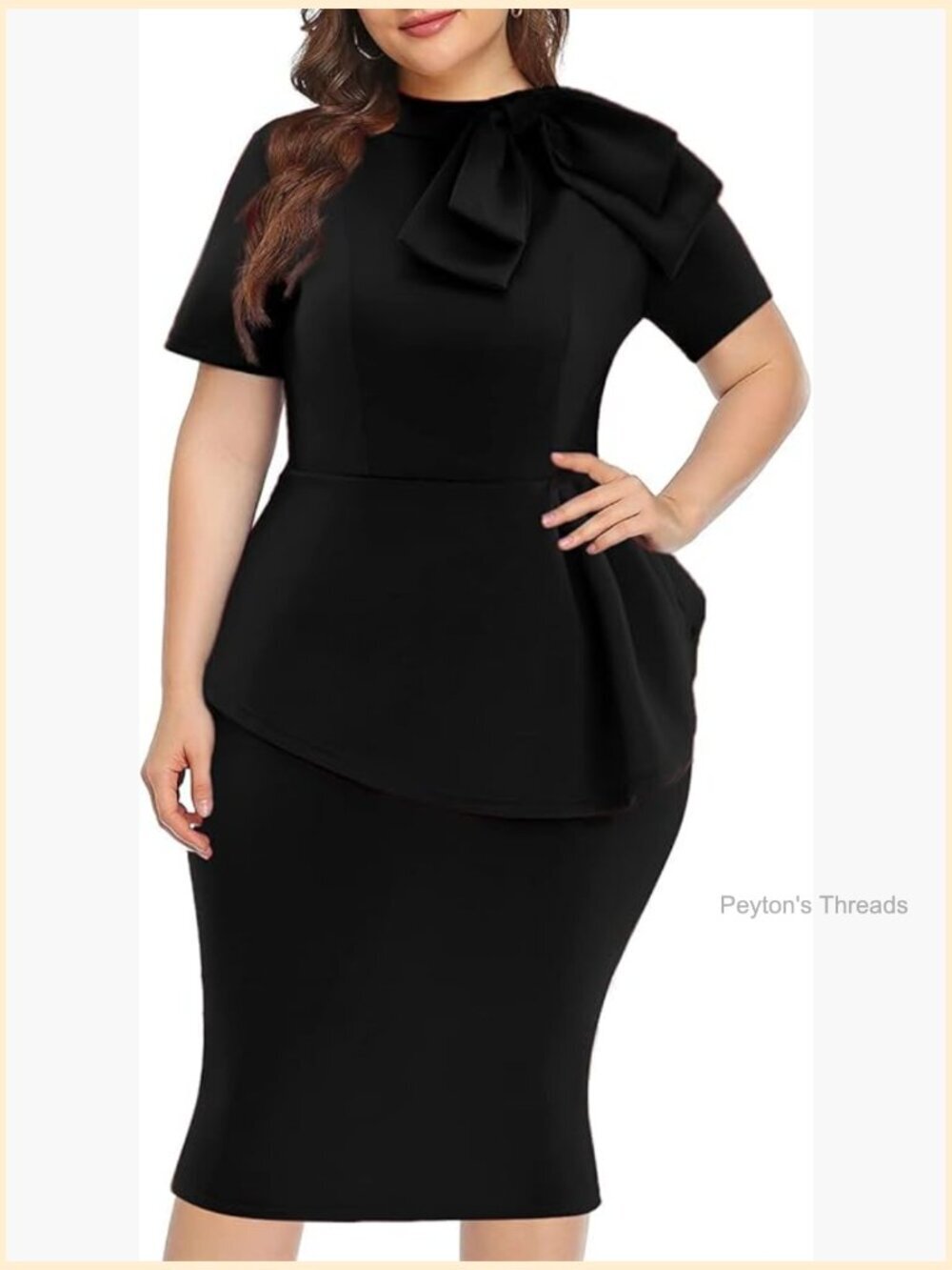 Plus Size Peplum Midi Dress Bodycon Short Sleeve Bow Ruffle Pencil Dress Work